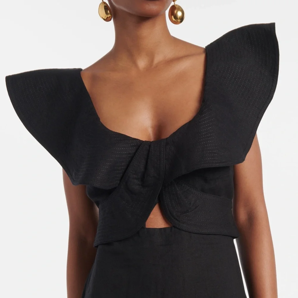 Johanna Ortiz Black Midi Dress with Statement Ruffle - Picture 3 of 4